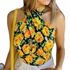 NWT New Zara Twist Neck Floral Halter Top Bodysuit